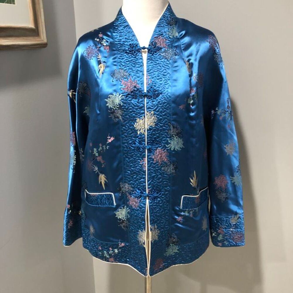 Vintage Silk Blue Ivory Embroidered Kimono Reversible Floral Jacket Large